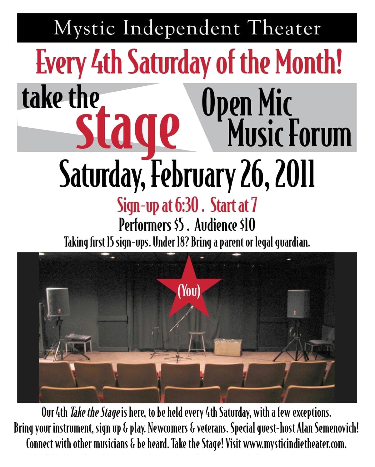 Casey Cyr Gash founded the Take The Stage Open Mic Music Forum event at <em>Mystic Independent Theater, to make a cool space for songwriters to share their craft - Special thanks to Songwriter Alan Semenovich
